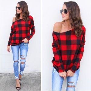 Red Black Plaid top off shoulder